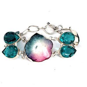 Teal & Pink Dyed Quartz Stone & Glass Cabachon Sterling Silver Bracelet
